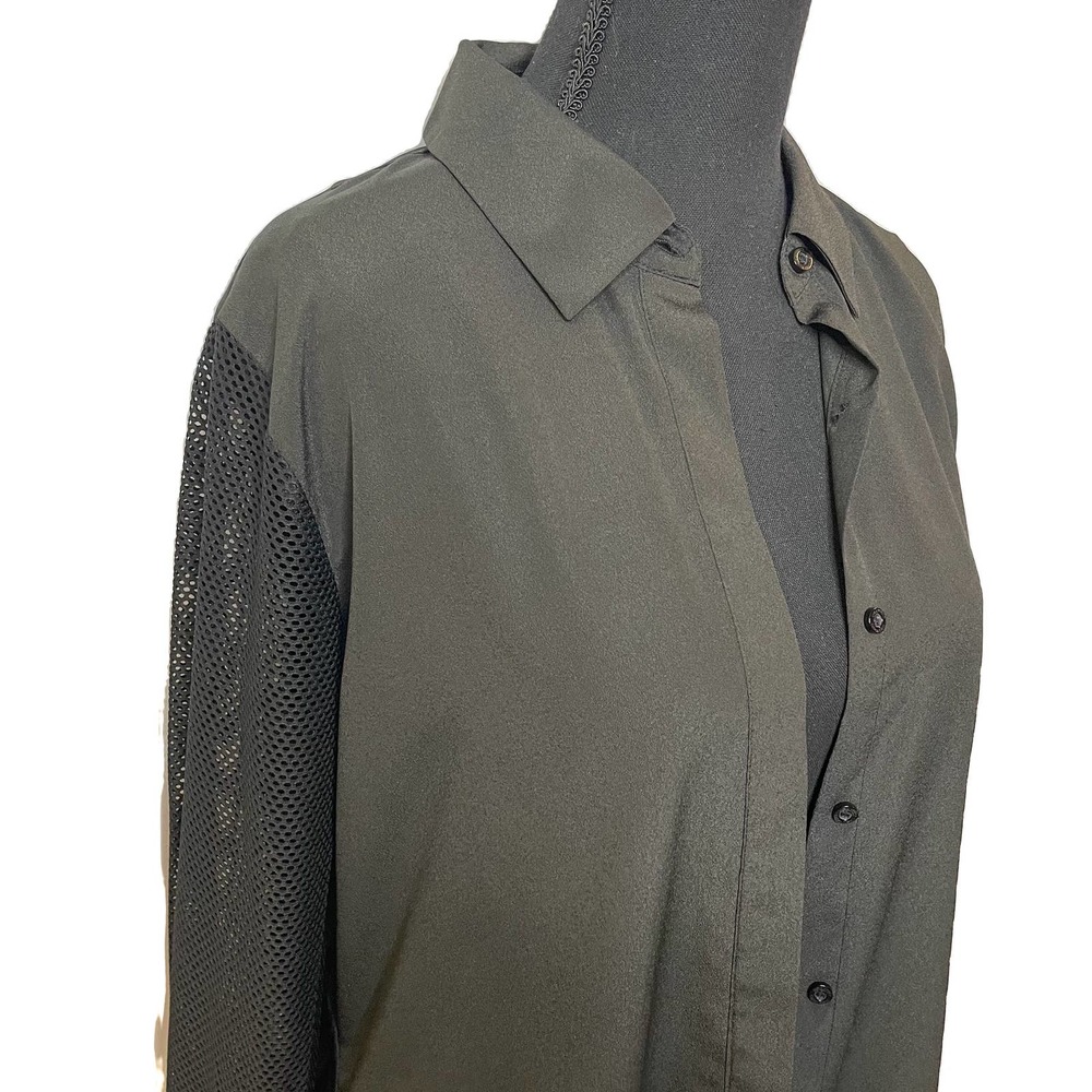 Calvin Klein Black Blouse | Sheer Sleeve Button Front Top | Chic Workwear S